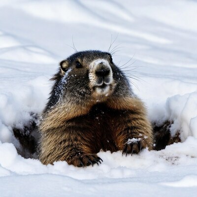 Woodchuck emerging from snowy burrow