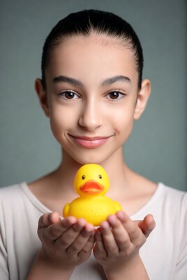 Girl holding yellow rubber duck