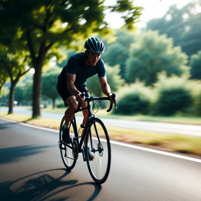 Man cycling on road through trees