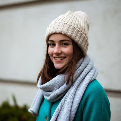 Smiling woman in beanie and coat