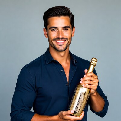 Handsome man holding gold champagne bottle