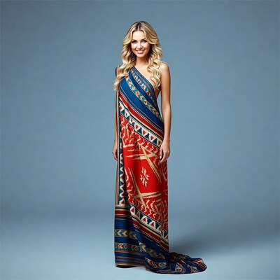 Blonde woman in colorful tribal sarong