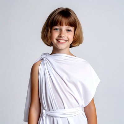 Girl in white toga smiling
