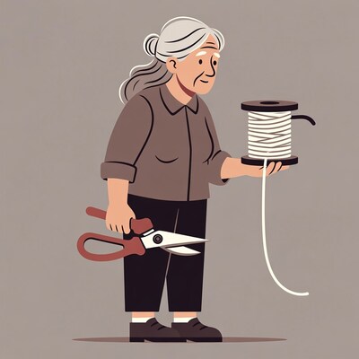 Elderly woman holding spool and scissors
