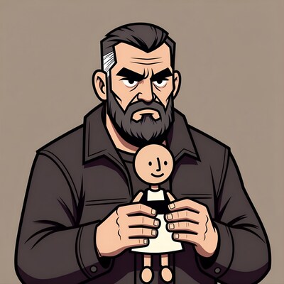 Bearded man holding doll