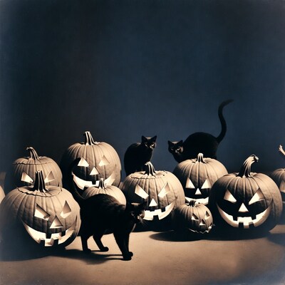 Black cats among jack-o-lanterns