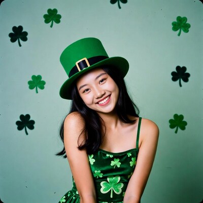 Asian woman in green leprechaun hat