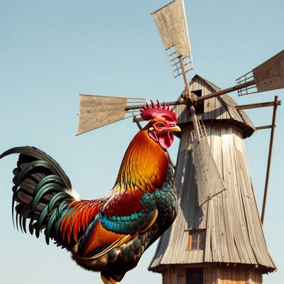 Colorful Rooster in Front of Windmill