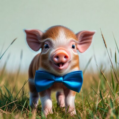 Cute piglet wearing blue bowtie