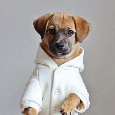 Puppy in white hoodie