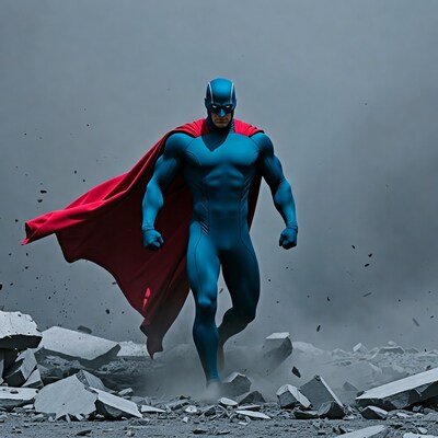 Muscular Superman walking in rubble