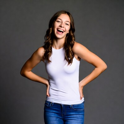 Teen girl laughing with hands on hips