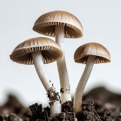 Cluster of white stem mushrooms on soil