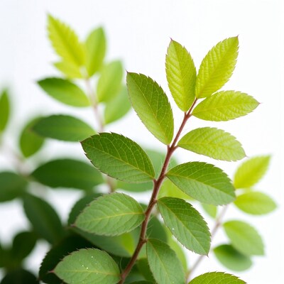 Fresh green serrated leaves on stem