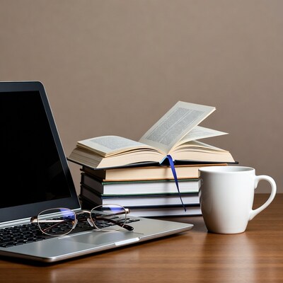 Laptop books glasses coffee mug