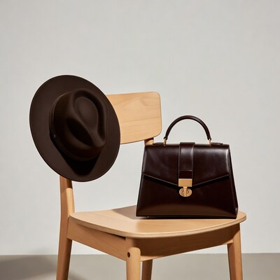 Brown Fedora Hat and Handbag on Chair