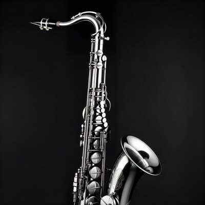 Shiny silver saxophone on black background