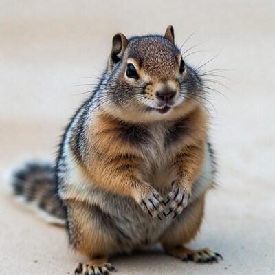Cute chipmunk standing on beige background