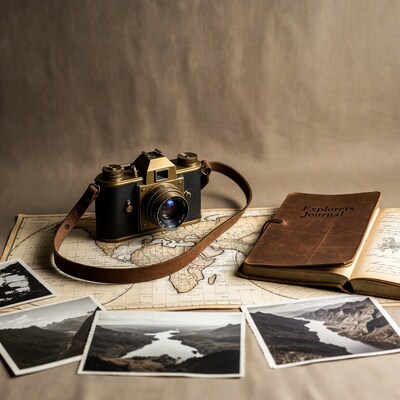 Vintage camera on world map