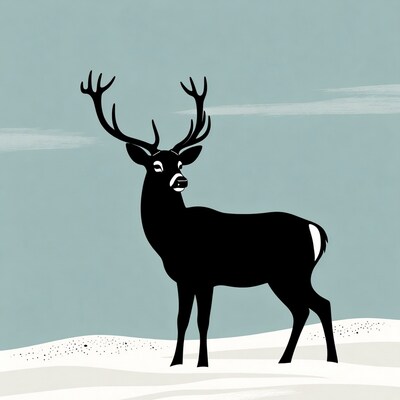 Black silhouette deer on snow