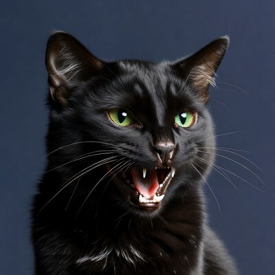 Black cat hissing with green eyes