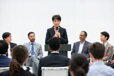 Woman speaking at podium to business audience