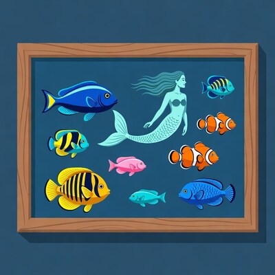 Mermaid with tropical fish in frame