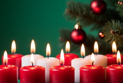 Red and White Candles with Christmas Decor