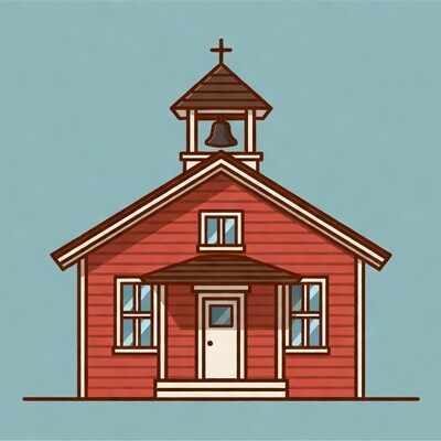 Red Church Illustration with Bell Tower