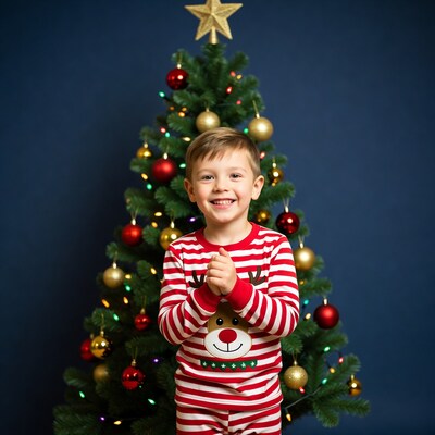 Boy in reindeer pajamas by Christmas tree