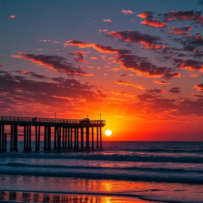Pier silhouetted against sunset over ocean