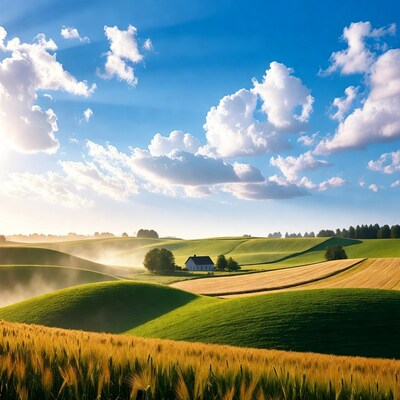 Rolling Green Hills with Farmhouse