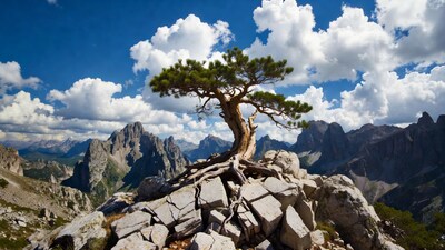 Lone pine tree on rocky mountain peak