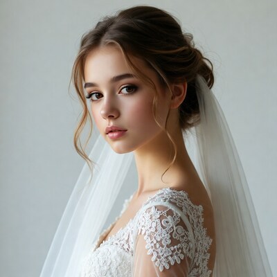 Bride in lace wedding dress with veil