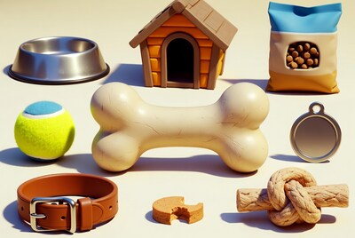 Dog Toys and Supplies on White Background