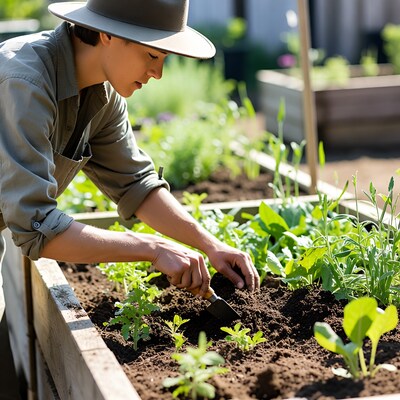 Woman gardening in raised bed