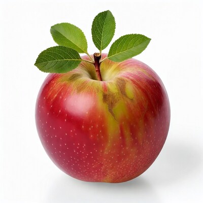 Red apple with green leaves