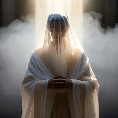 Asian man in white veiled robe praying