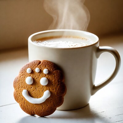 Gingerbread man cookie with steaming coffee