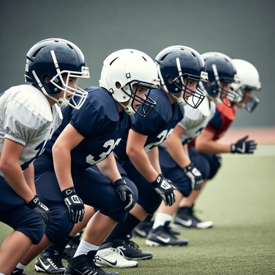 Football players in starting stance