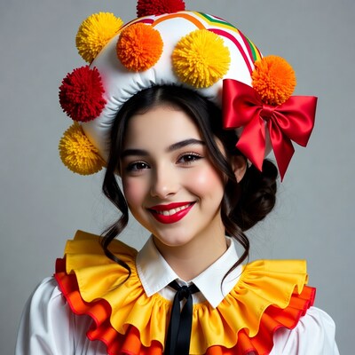 Woman in colorful pom-pom hat