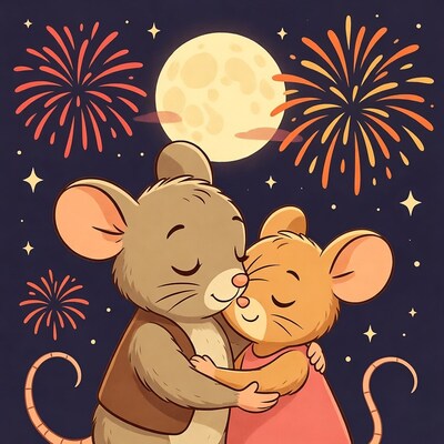 Cartoon Mice Kissing Under Moon and Fireworks