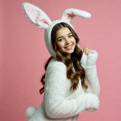 Girl in fluffy bunny costume