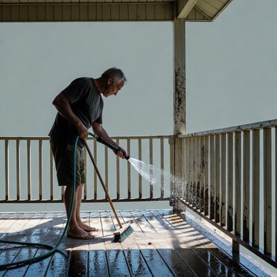 Older man washing deck with hose