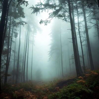 Misty Forest with Tall Trees