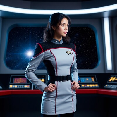 Asian woman in Star Trek uniform on bridge