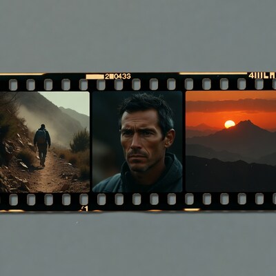 Man hiking mountains film strip