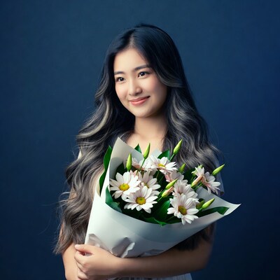 Asian woman holding daisy bouquet
