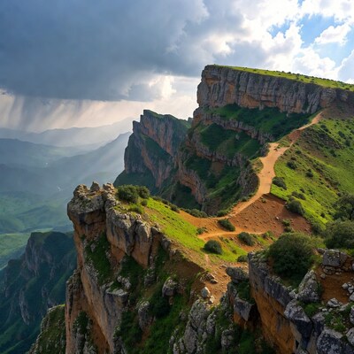 Mountain Cliff Trail in Rainy Landscape