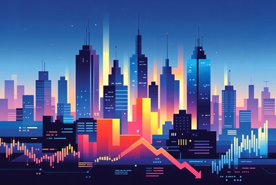 Neon City Skyline with Stock Market Crash